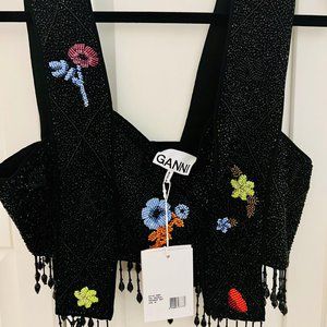 GANNI Floral Beaded Crop Top- Black (NWT(